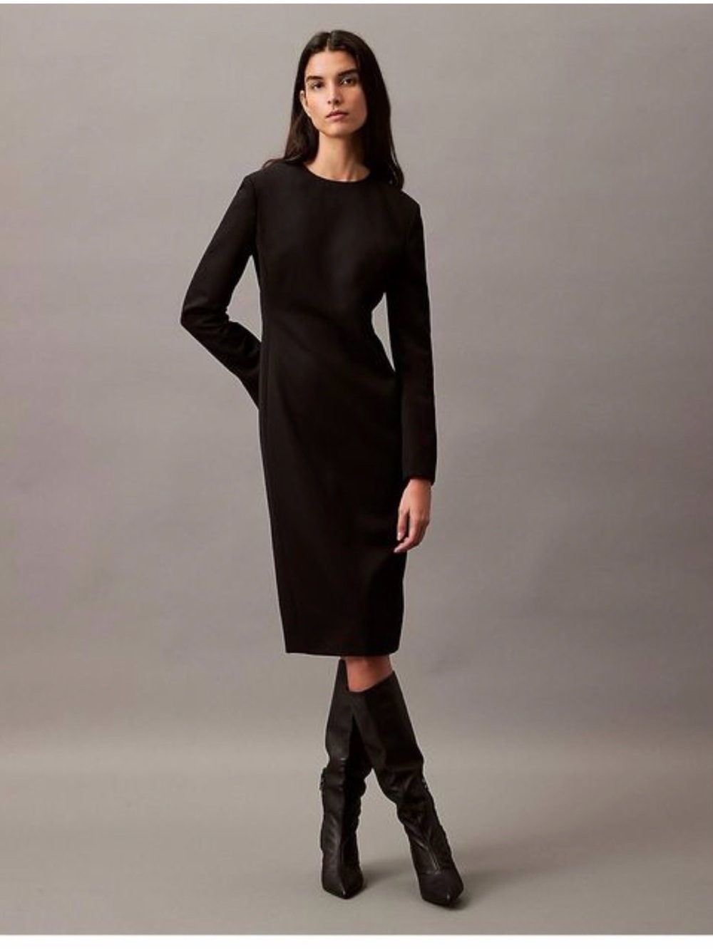 Calvin Klein Black Wool Crepe Long-Sleeve Midi Dress NWT!
